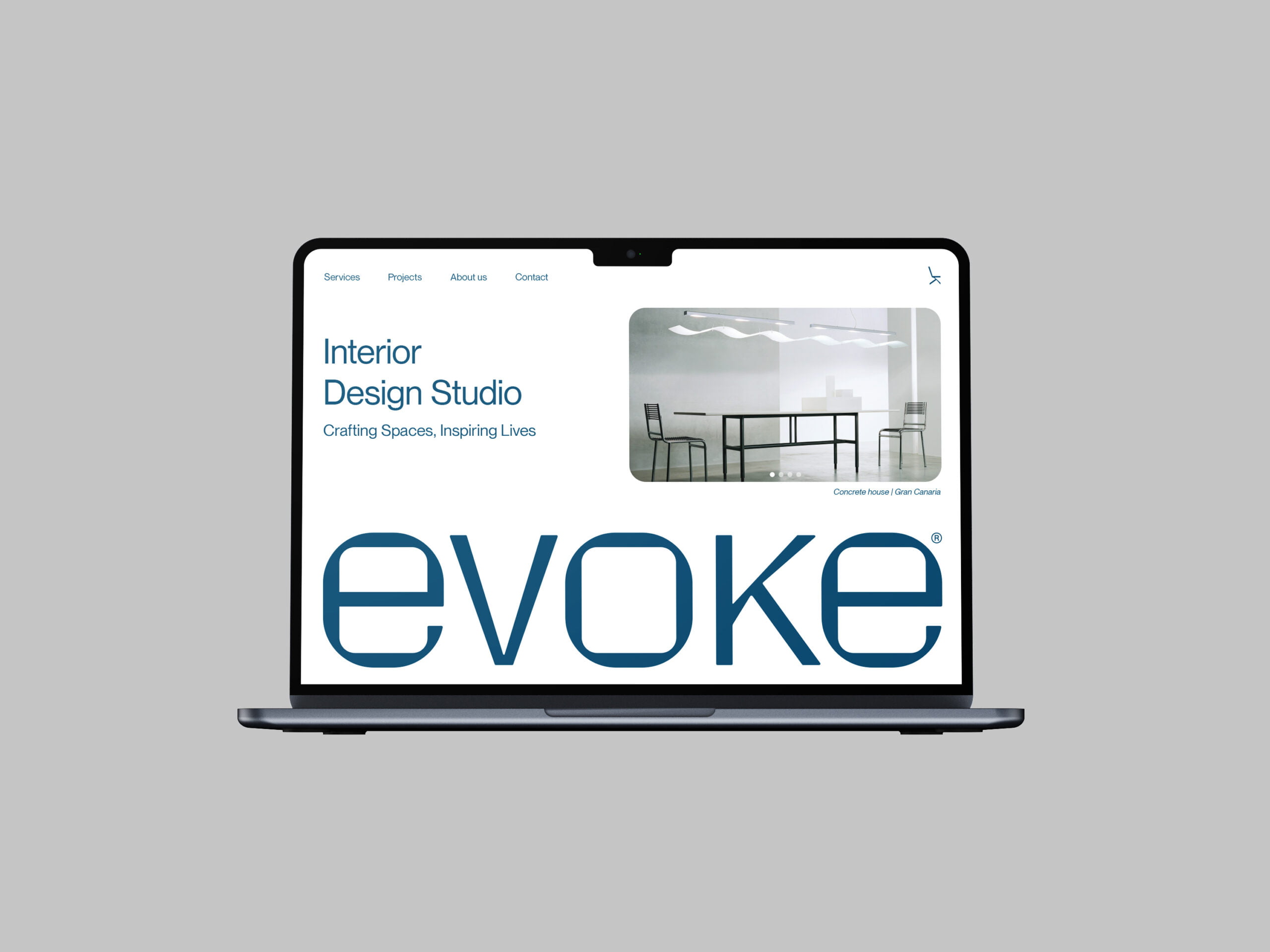 Web con diseñoo limpio, elegante y sugerente para Evoke, un estudio de diseño de interiores